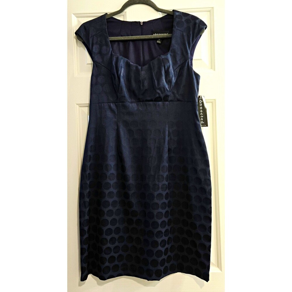 NWT Connected Apparel Petite Dress 8P Navy Blue Polka Dot Jacquard Sheath New